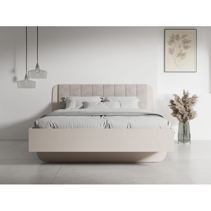 Letto contenitore AMALIE 180x200 cm – Testiera rivestita in tessuto beige – Rete inclusa – Materasso non incluso