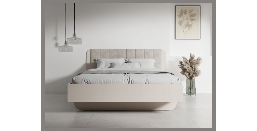 Letto contenitore AMALIE 180x200 cm – Testiera rivestita in tessuto beige – Rete inclusa – Materasso non incluso