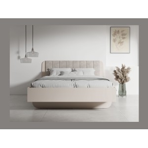 Letto contenitore AMALIE 180x200 cm – Testiera rivestita in tessuto beige – Rete inclusa – Materasso non incluso