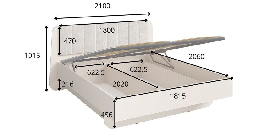 Letto contenitore AMALIE 180x200 cm – Testiera rivestita in tessuto beige – Rete inclusa – Materasso non incluso