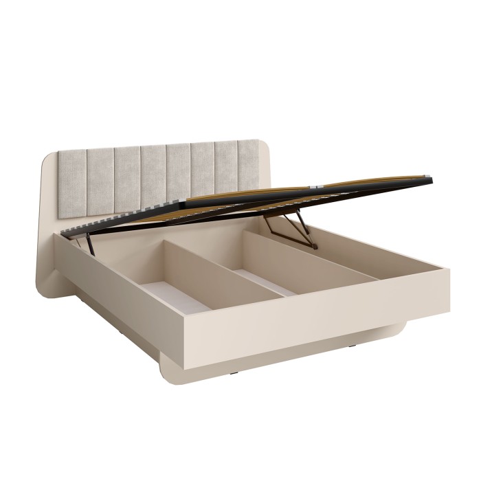 Letto contenitore AMALIE 180x200 cm – Testiera rivestita in tessuto beige – Rete inclusa – Materasso non incluso