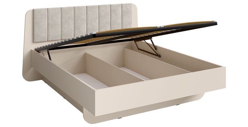 Letto contenitore AMALIE 180x200 cm – Testiera rivestita in tessuto beige – Rete inclusa – Materasso non incluso
