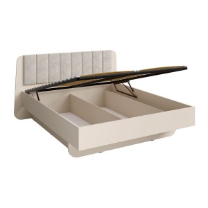 Letto contenitore AMALIE 180x200 cm – Testiera rivestita in tessuto beige – Rete inclusa – Materasso non incluso