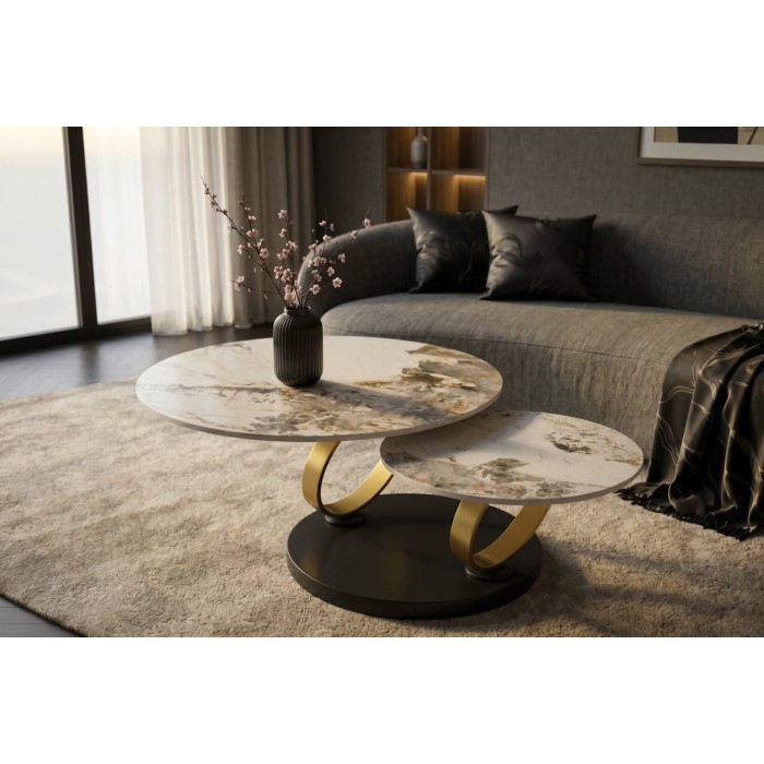 Table basse SOLYNE avec plateaux effet marbre et anneaux dorés dans un décor 3D