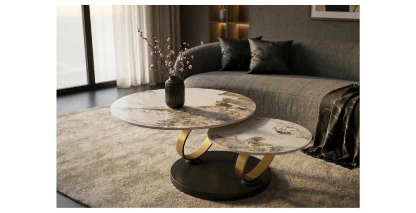 Table basse SOLYNE avec plateaux effet marbre et anneaux dorés dans un décor 3D