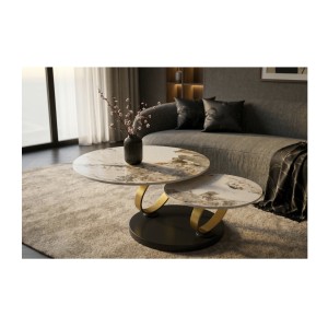 Table basse SOLYNE avec plateaux effet marbre et anneaux dorés dans un décor 3D