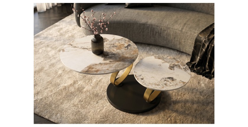 Table basse SOLYNE avec plateaux effet marbre et anneaux dorés vue de haut