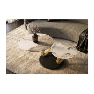 Table basse SOLYNE avec plateaux effet marbre et anneaux dorés vue de haut