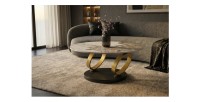 Table SOLYNE avec un seul plateau effet marbre blanc et anneaux dorés