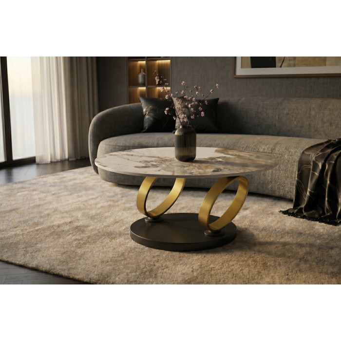 Table SOLYNE avec un seul plateau effet marbre blanc et anneaux dorés