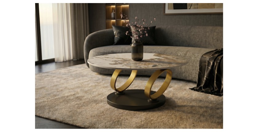 Table SOLYNE avec un seul plateau effet marbre blanc et anneaux dorés