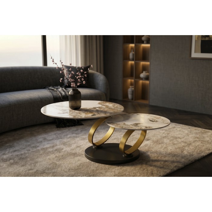 Table basse SOLYNE avec plateaux effet marbre et anneaux dorés mise en situation