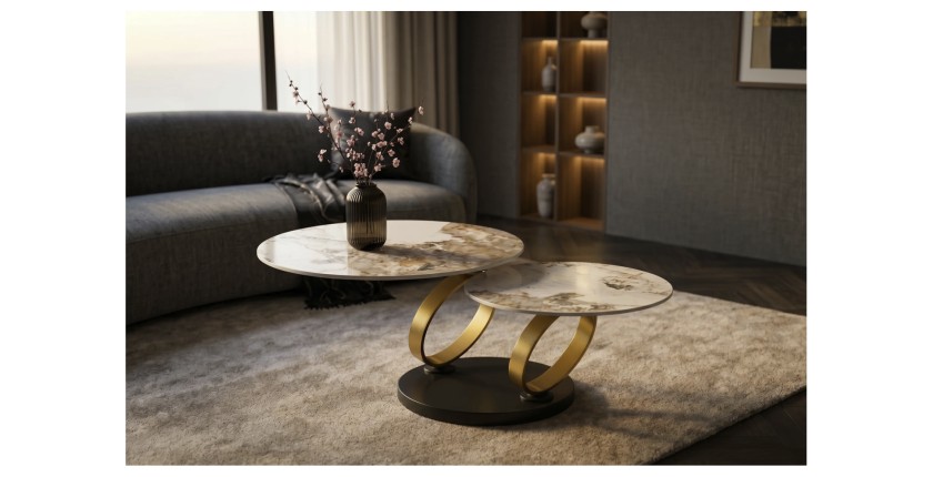 Table basse SOLYNE avec plateaux effet marbre et anneaux dorés mise en situation