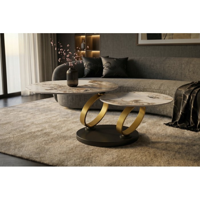Table basse SOLYNE avec plateaux effet marbre et anneaux dorés vue de face
