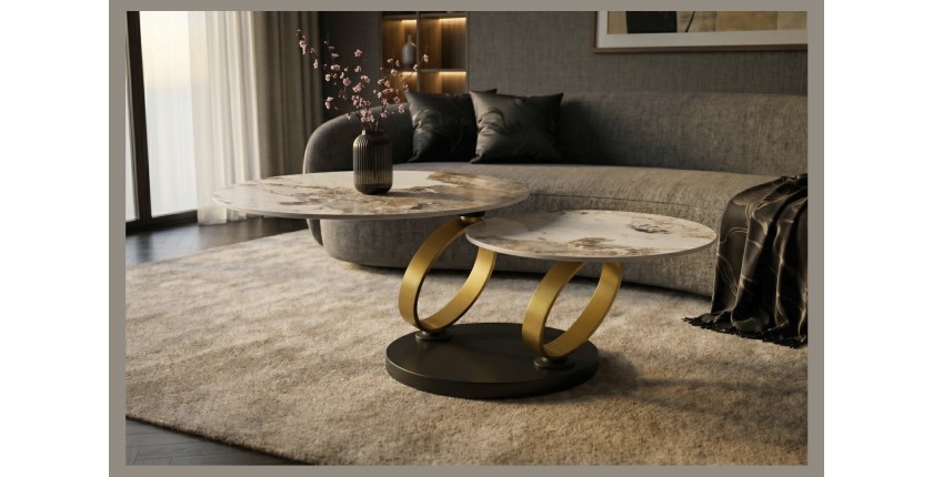 Table basse SOLYNE avec plateaux effet marbre et anneaux dorés vue de face
