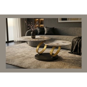 Table basse SOLYNE avec plateaux effet marbre et anneaux dorés vue de face