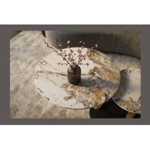 Zoom sur l'un des plateaux de la table basse SOLYNE avec plateaux effet marbre et anneaux dorés