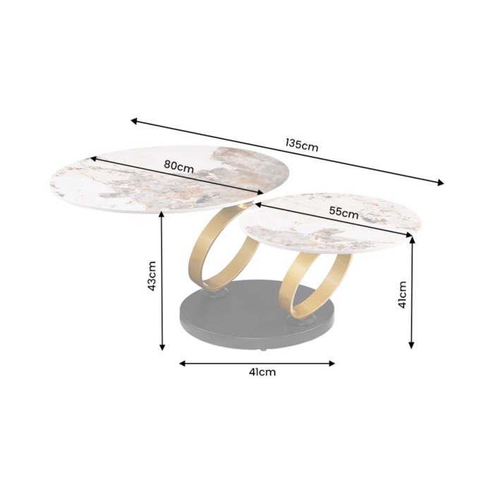 Table basse SOLYNE avec plateaux effet marbre et anneaux dorés dimensions