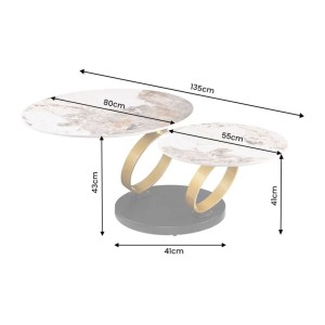 Table basse SOLYNE avec plateaux effet marbre et anneaux dorés dimensions