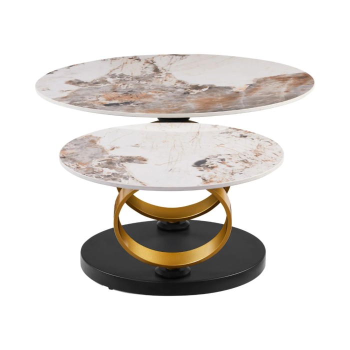 Table basse SOLYNE avec plateaux effet marbre et anneaux dorés vue de côté sur fond blanc