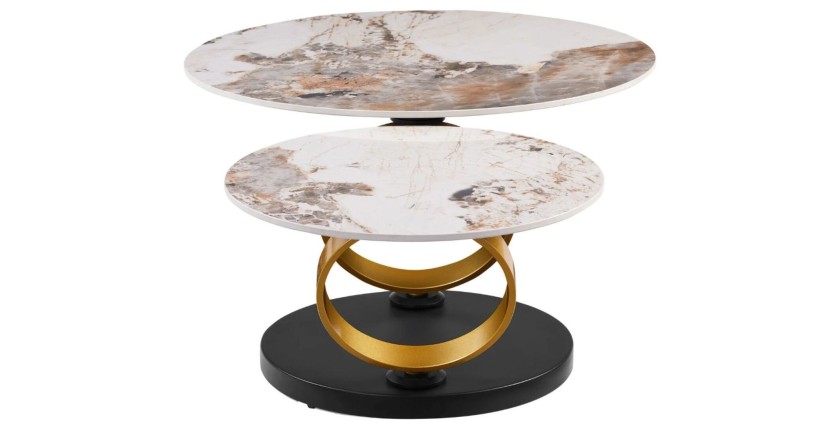 Table basse SOLYNE avec plateaux effet marbre et anneaux dorés vue de côté sur fond blanc