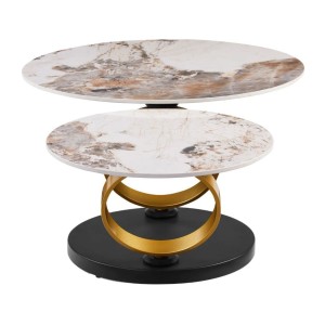 Table basse SOLYNE avec plateaux effet marbre et anneaux dorés vue de côté sur fond blanc