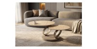 Table basse SOLYNE avec plateaux beiges et anneaux marrons mise en situation