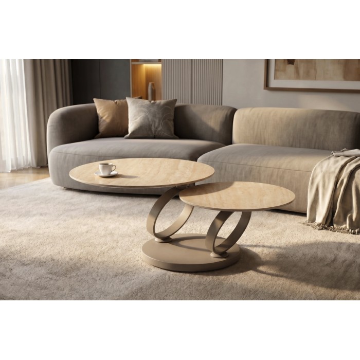 Table basse SOLYNE avec plateaux beiges et anneaux marrons mise en situation