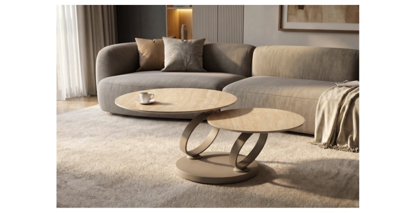 Table basse SOLYNE avec plateaux beiges et anneaux marrons mise en situation
