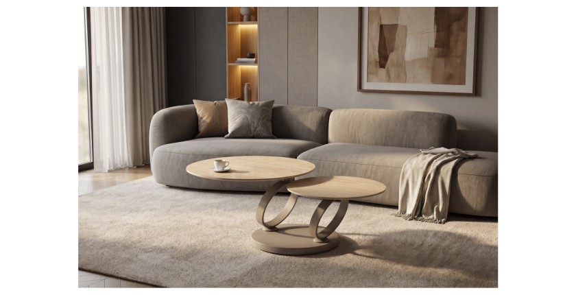Table basse SOLYNE avec plateaux beiges et anneaux marrons vue de face éloignée