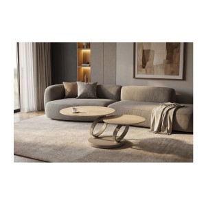 Table basse SOLYNE avec plateaux beiges et anneaux marrons vue de face éloignée