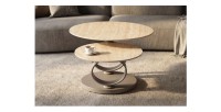 Table basse SOLYNE avec plateaux beiges et anneaux marrons vue de côté