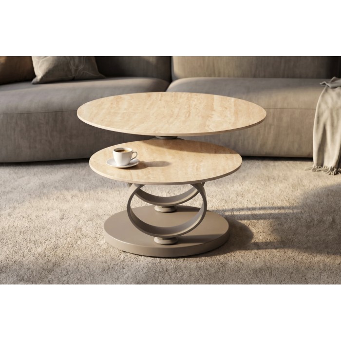 Table basse SOLYNE avec plateaux beiges et anneaux marrons vue de côté