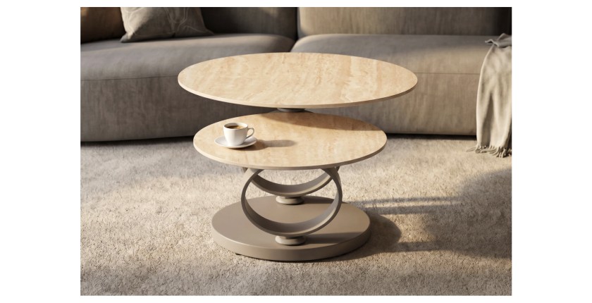 Table basse SOLYNE avec plateaux beiges et anneaux marrons vue de côté