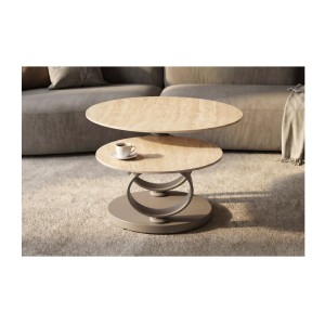 Table basse SOLYNE avec plateaux beiges et anneaux marrons vue de côté