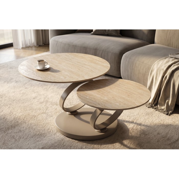 Table basse SOLYNE avec plateaux beiges et anneaux marrons vue de haut rapprochée