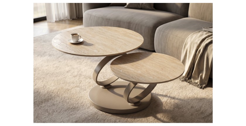 Table basse SOLYNE avec plateaux beiges et anneaux marrons vue de haut rapprochée
