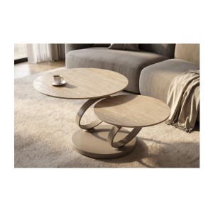Table basse SOLYNE avec plateaux beiges et anneaux marrons vue de haut rapprochée