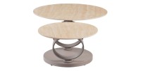 Table basse SOLYNE avec plateaux beiges et anneaux marrons vue de côté sur fond blanc
