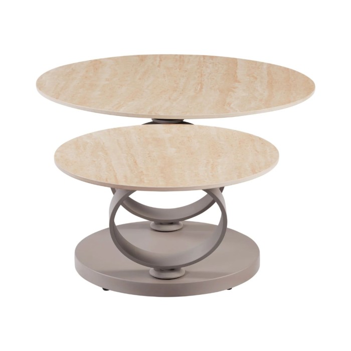 Table basse SOLYNE avec plateaux beiges et anneaux marrons vue de côté sur fond blanc
