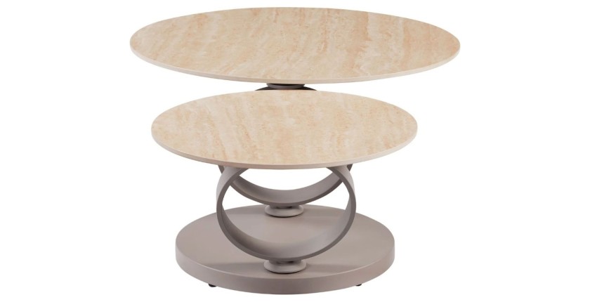 Table basse SOLYNE avec plateaux beiges et anneaux marrons vue de côté sur fond blanc