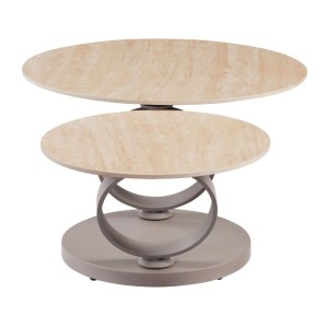 Table basse SOLYNE avec plateaux beiges et anneaux marrons vue de côté sur fond blanc