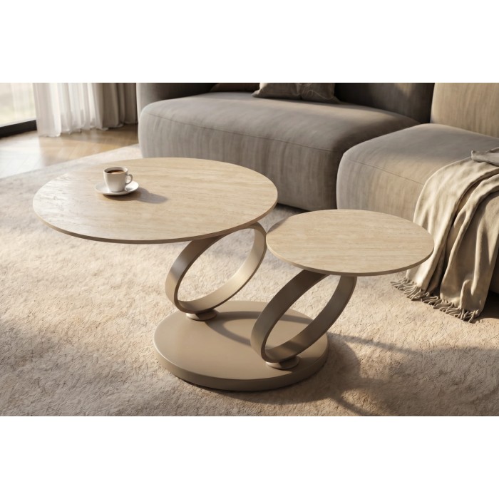 Table basse SOLYNE avec plateaux beiges et anneaux marrons vue de haut