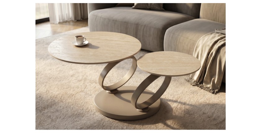 Table basse SOLYNE avec plateaux beiges et anneaux marrons vue de haut