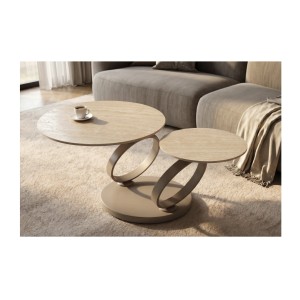 Table basse SOLYNE avec plateaux beiges et anneaux marrons vue de haut