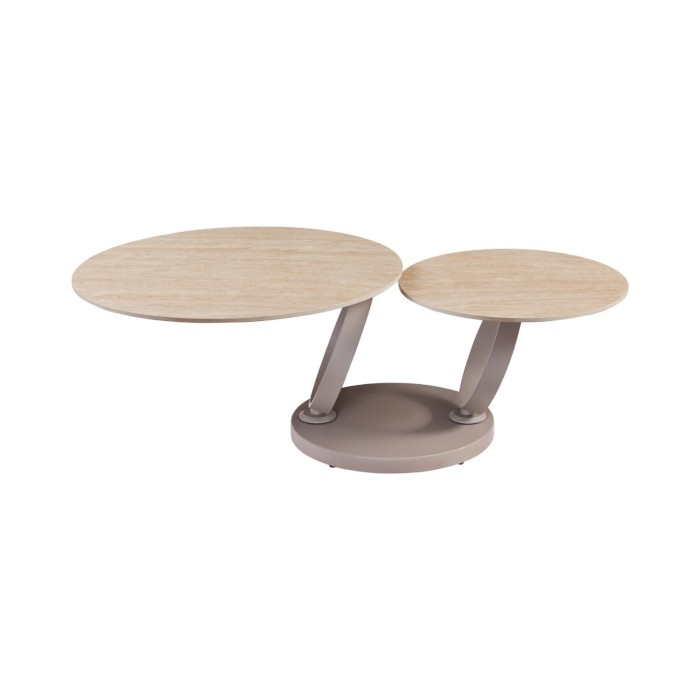 table basse SOLYNE avec plateaux beiges et anneaux marrons sur fond blanc