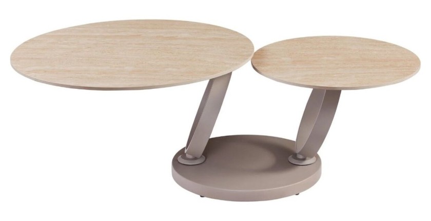 table basse SOLYNE avec plateaux beiges et anneaux marrons sur fond blanc
