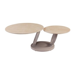 table basse SOLYNE avec plateaux beiges et anneaux marrons sur fond blanc