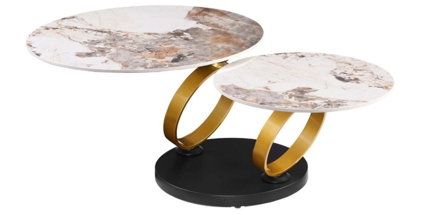 Table basse SOLYNE avec plateaux effet marbre et anneaux dorés