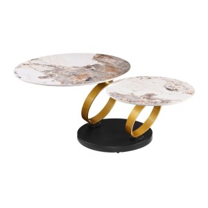Table basse SOLYNE avec plateaux effet marbre et anneaux dorés